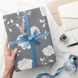 Papier Cadeau Motif floral minimal gris rose blanc
