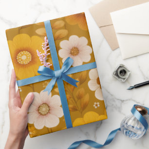Papier Cadeau Motif floral moutarde fleuri ton chaud rétro