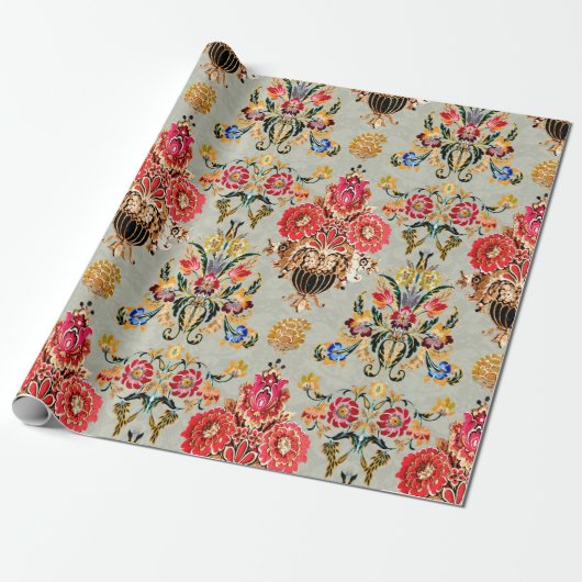 Papier Cadeau motif floral mughal ethnique transparent sur fond (Déroulé)