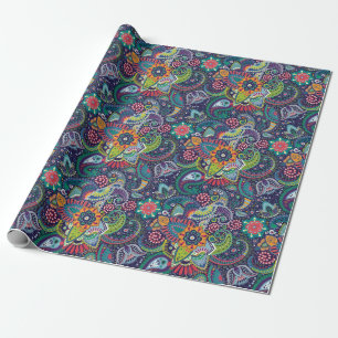 Papier Cadeau Motif floral multicolore au néon de Paisley