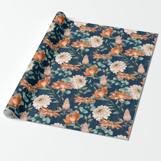 Papier Cadeau Motif Floral Orange Brûlé (Déroulé)