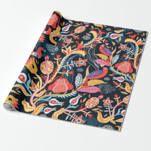 Papier Cadeau motif floral ornemental avec oiseaux sur fond noir