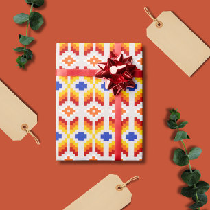 Papier Cadeau Motif floral pixel géométrique en rouge orange jau