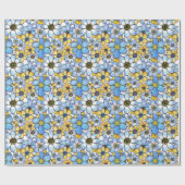 Papier Cadeau Motif floral rétro jouable, bleu doux et jaune (Plat)