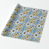 Papier Cadeau Motif floral rétro jouable, bleu doux et jaune (Déroulé)