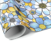 Papier Cadeau Motif floral rétro jouable, bleu doux et jaune (Coin rond)