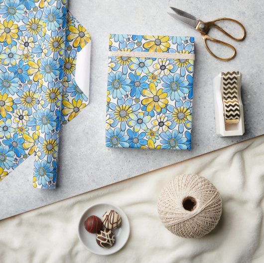 Papier Cadeau Motif floral rétro jouable, bleu doux et jaune (Artisanat)