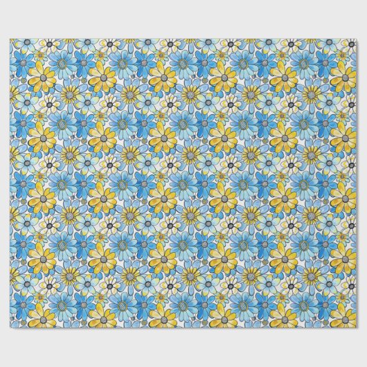 Papier Cadeau Motif floral rétro jouable, bleu doux et jaune (Plat)