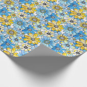 Papier Cadeau Motif floral rétro jouable, bleu doux et jaune (Coin)