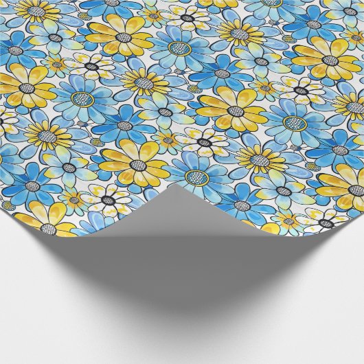 Papier Cadeau Motif floral rétro jouable, bleu doux et jaune (Coin)
