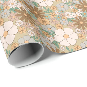Papier Cadeau Motif floral rétro neutre BOHO dans des tons terre