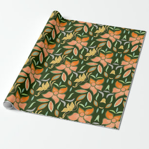 Papier Cadeau Motif floral riche : fleurs de pêche et feuilles v