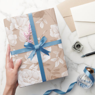 Papier Cadeau Motif floral rose beige neutre doux