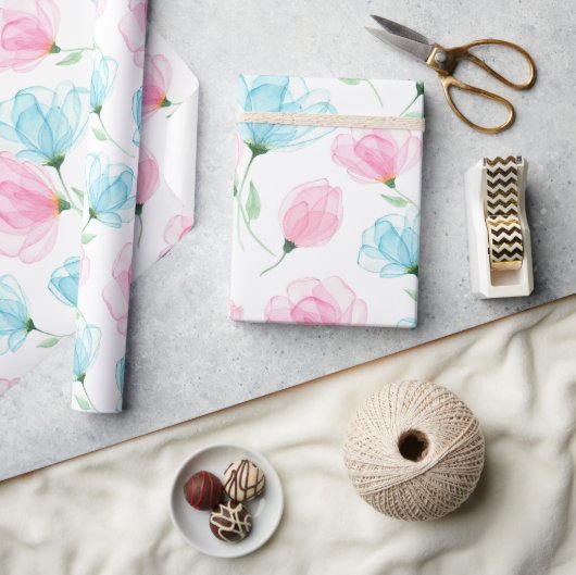 Papier Cadeau Motif floral rose et bleu élégant (Artisanat)