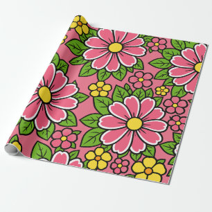 Papier Cadeau Motif floral rose et jaune avec feuilles vertes