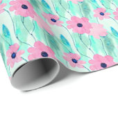 Papier Cadeau Motif floral rose pâle et vert (Coin rond)