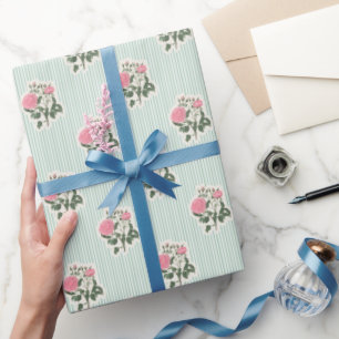 Papier Cadeau Motif floral rose rose vintage bandes vertes