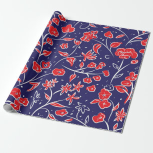 Papier Cadeau Motif floral rouge et bleu