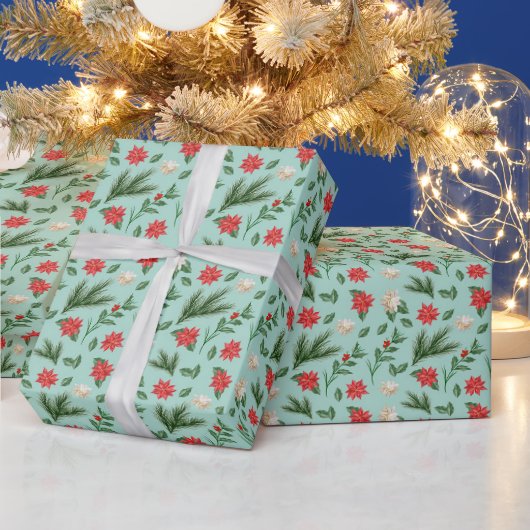 Papier Cadeau Motif floral rouge vert de Noël (Vacances)