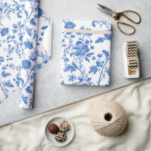 Papier Cadeau Motif Floral Toile Vintage Bleu Blanc