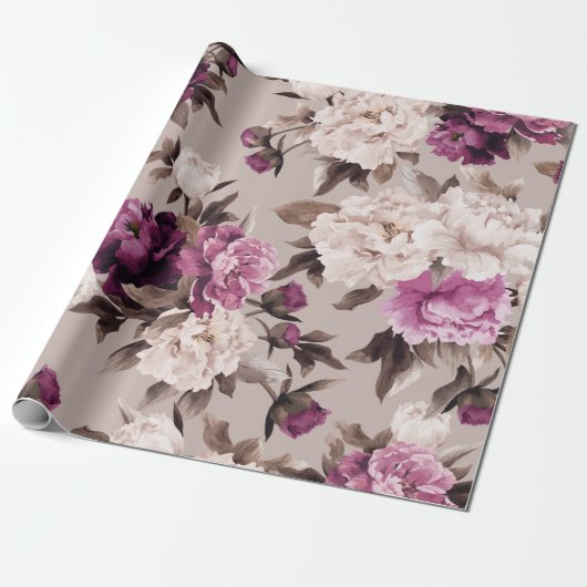 Papier Cadeau Motif floral transparent avec roses sur fond léger (Déroulé)