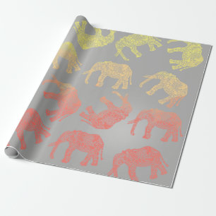 Papier Cadeau motif floral tribal coloré girly d'éléphant