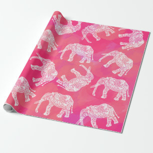 Papier Cadeau motif floral tribal coloré rose girly d'éléphant