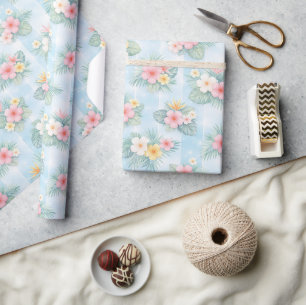 Papier Cadeau Motif floral tropical sur fond bleu clair