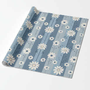 Papier Cadeau Motif floral vintage à marguerite à rayure bleue