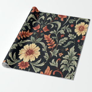 Papier Cadeau Motif floral vintage orange jaune et vert