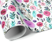 Papier Cadeau Motif floral violet, rose et rouge (Coin rond)