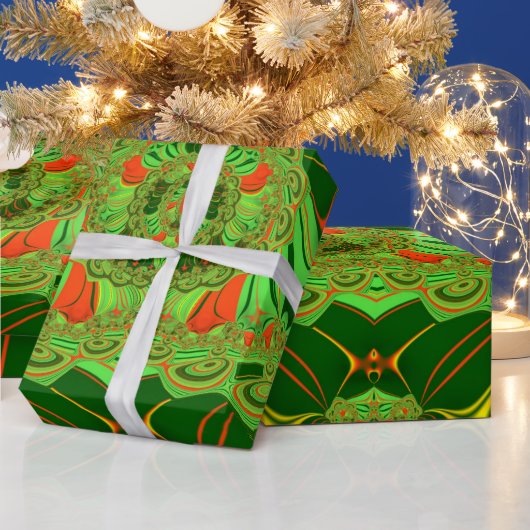 Papier Cadeau ~ Motif fractal vert rouge jaune rouge ~ (Vacances)