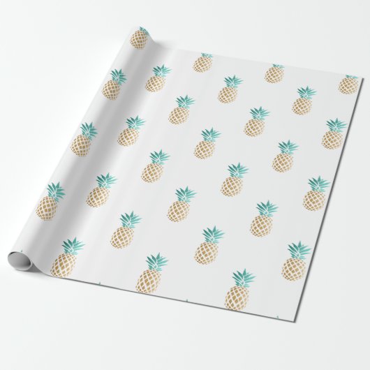 Papier Cadeau motif frais tropical d'ananas d'or de faux d'été (Déroulé)