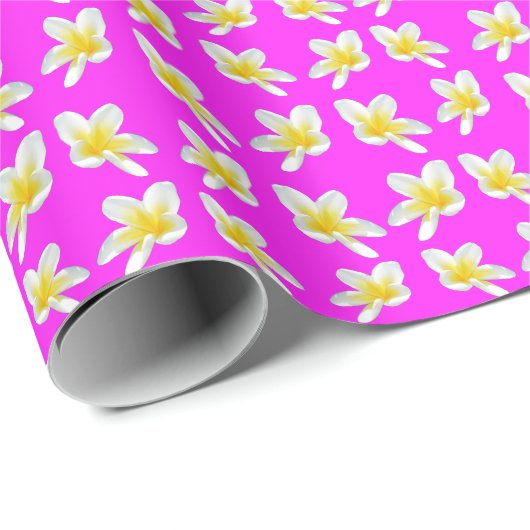 Papier Cadeau Motif Frangipani Rose Chaud Et Jaune, (Coin rond)