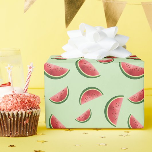 Papier Cadeau Motif Fruit De Pastèque Sur Vert (Fête d'anniversaire)