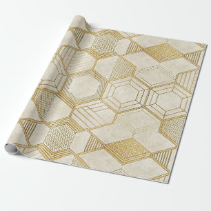 Papier Cadeau Motif géométrique en marbre crème Hexagone doré