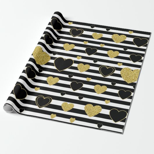 Papier Cadeau Motif Glam Cœur Or Rayure Noire (7) (Déroulé)