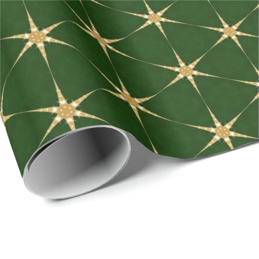 Papier Cadeau Motif Golden Star sur un arrière - plan vert (Coin rond)