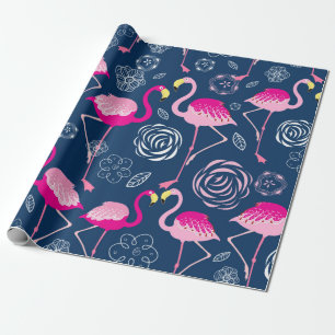 Papier Cadeau Motif graphique de flamants roses sur un bleu fonc