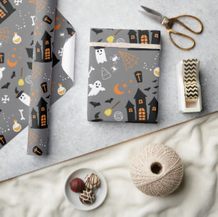Papier Cadeau Motif Halloween illustré avec gris, noir