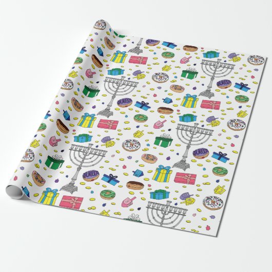 Papier Cadeau Motif Hanoukka blanc (Déroulé)