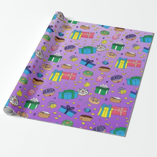 Papier Cadeau Motif Hanoukka violet (Déroulé)