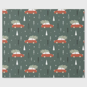 Papier Cadeau Motif hivernal d'arbre de Noël de voiture rouge mi