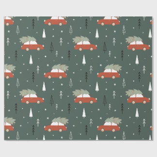 Papier Cadeau Motif hivernal d'arbre de Noël de voiture rouge mi
