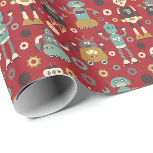 Papier Cadeau Motif illustré rétros par robots d'amusement (Coin rond)