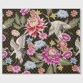Papier Cadeau Motif japonais avec fleurs et grues blanches (Plat)