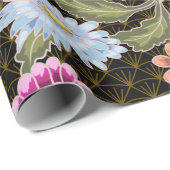 Papier Cadeau Motif japonais avec fleurs et grues blanches (Coin rond)