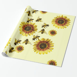 Papier Cadeau Motif jaune d'été de tournesols et d'abeilles de