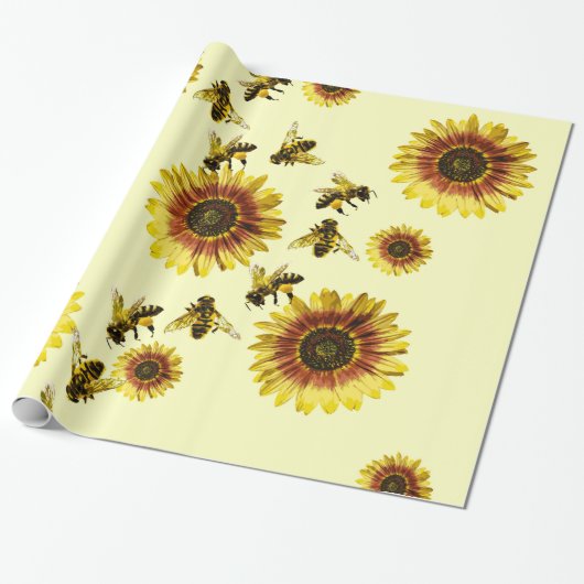 Papier Cadeau Motif jaune d'été de tournesols et d'abeilles de (Déroulé)