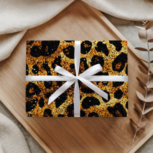 Papier Cadeau Motif Léopard Marron Doré Pailleté Luxe